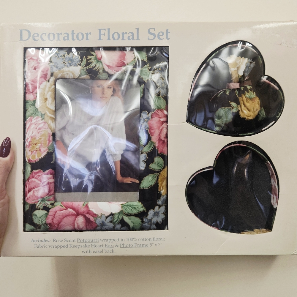 90S NEW VINTAGE Floral Fabric Picture Frame Trinket Box Cottagecore Gift Set